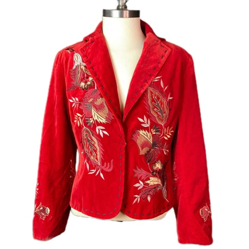 Gorgeous EUC Neiman Marcus RICH Ruby Red Velveteen Jacket 10 Embroidered